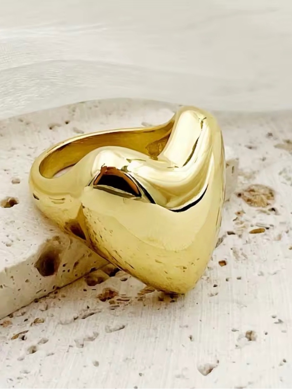Gold Heart Dome Ring - Women Jewelry Stainless Steel & 14K Gold Plated Sz 8